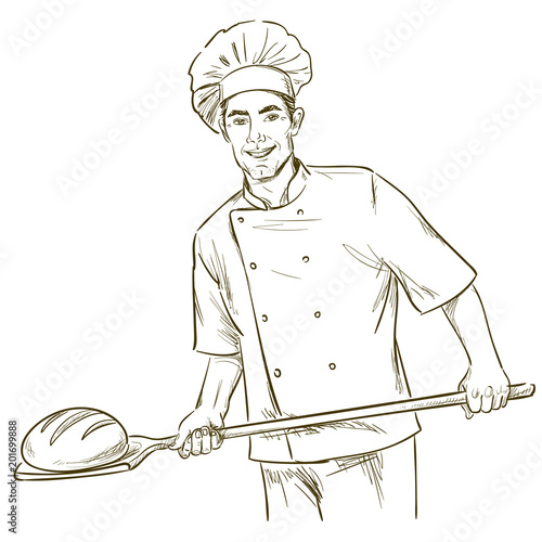 Baker man cooking bread. Hand drawn vector illustration on white background.