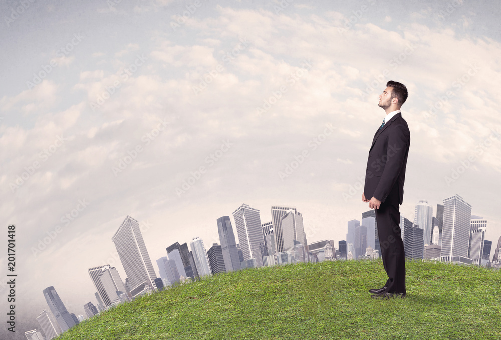 A successful male good looking business man standing in small green grass in front of city landscape with skyscrapers concept. A successful male good looking business man standing in small green grass in front of city landscape with skyscrapers concept.