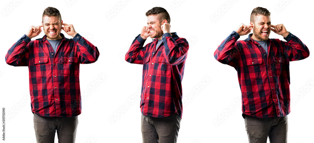 Young man covering ears ignoring annoying loud noise, plugs ears to avoid hearing sound. Noisy music is a problem. isolated over white background, collage composition
