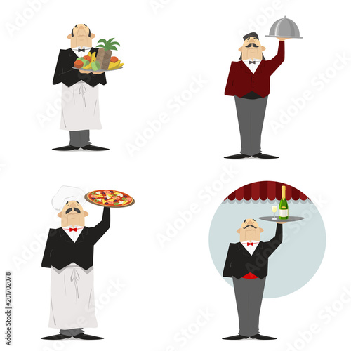 Waiter, set. Waiter with a dish, with pizza, with champagne, with fruit. On a white background. Illustration, vector, retro © All5