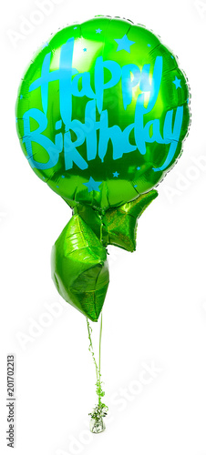 A large green Happy Birthday party balloon display with two glitter foil star shaped balloons attached to ribbon and an ornante weight isolated against a white background photo