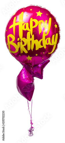 Canvas Print A large pink Happy Birthday party balloon display with two glitter foil star sha