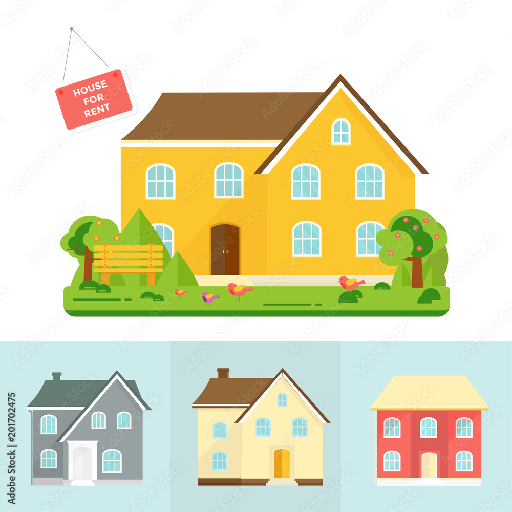 Banner for sales, advertising house, cottage with trees.