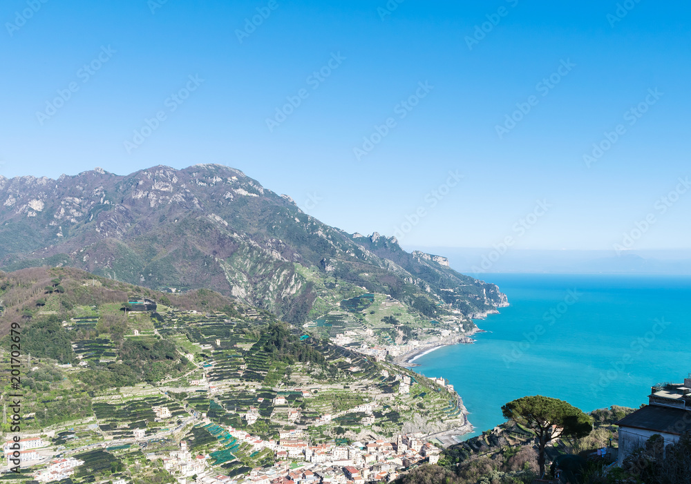 a view from the height of Amalfi coast. lemon plantations