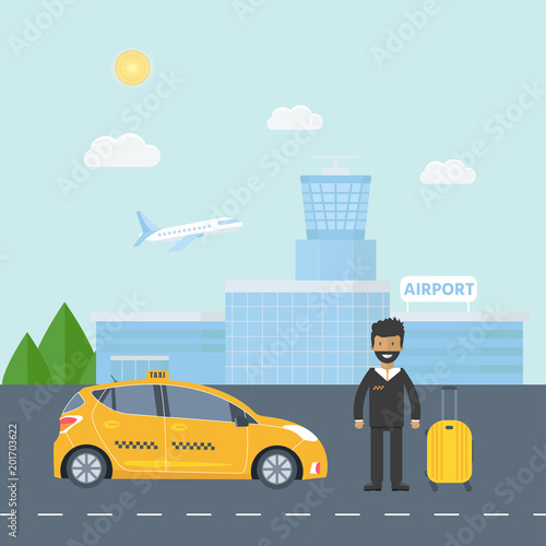 Machine yellow cab with driver and baggage  in the airport.