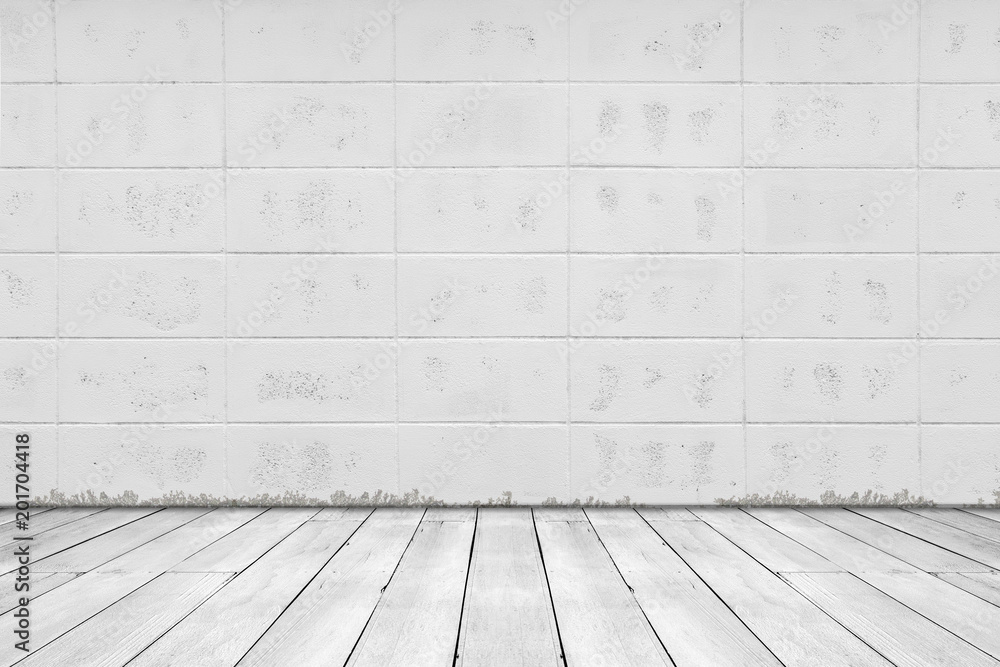 Fototapeta premium Abstract grunge texture background. empty room with brick wall and wood floor