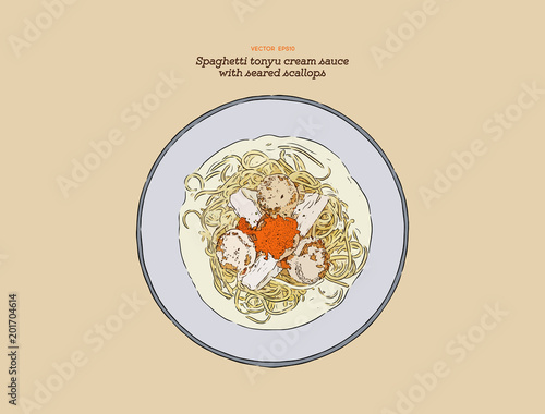 Spaghetti Tonyu Cream Sauce with Seared Scallops. Illustration vector. photo