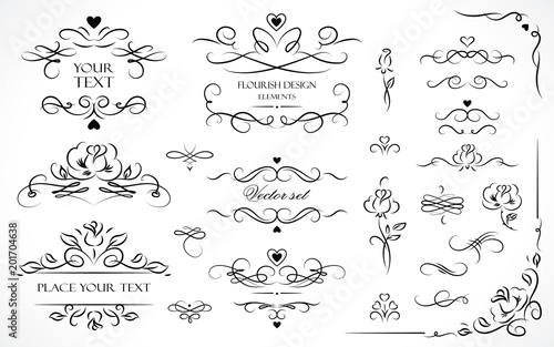 Set of flourish frames, borders, labels. Collection of original design elements. Vector calligraphy swirls, swashes, ornate motifs and scrolls.