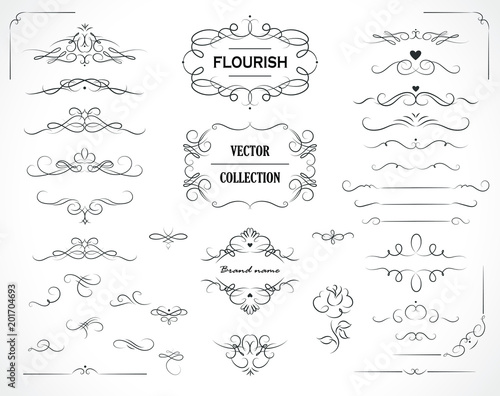 Set of flourish frames, borders, labels. Collection of original design elements. Vector calligraphy swirls, swashes, ornate motifs and scrolls. 