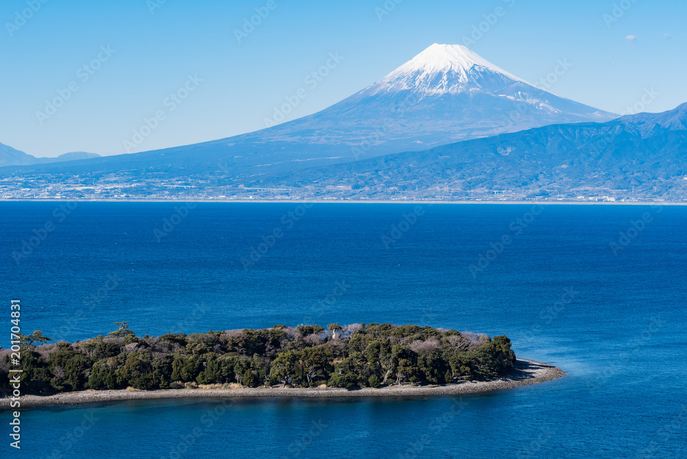 Mt. Fuji with Osezaki and Suruga bay from Izu peninsula in Japan.