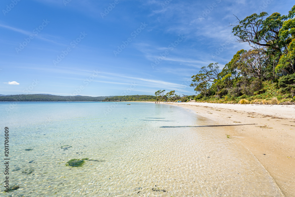 Amazing view to small paradise like island sandy beach with turquoise blue water and green shore jungle forest on warm sunny clear sky day camping ground, Jetty Beach Bruny Island, Tasmania, Australia