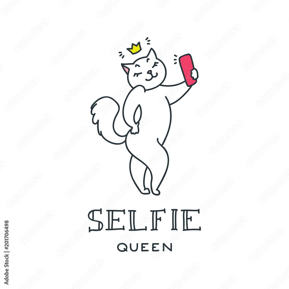 Selfie queen. Pretty white cat making selfie photo. Doodle vector illustration