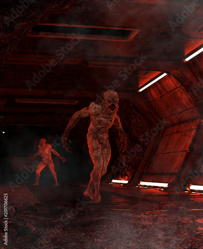 experiment goes  wrong and these monster is ready to haunt the human,3d illustration of  a monster is out from a secret laboratory in abandoned scifi tunnel,3d art for book cover,book illustration