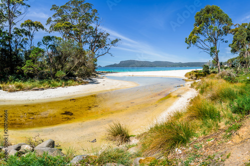 Amazing view to great paradise island sandy beach with turquoise blue water and green shore jungle forest on warm sunny clear sky relaxing day, River Adventure Bay, Bruny Island, Tasmania, Australia © Thomas Jastram