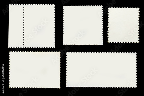 Set of old grunge posted stamp reverse side of different geometric shapes isolated on black background.Template for graphic designers