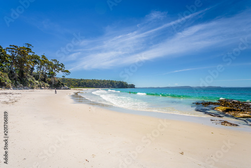 Amazing view to great paradise island sandy beach with turquoise blue water and green shore jungle forest on warm sunny clear sky relaxing day, River Adventure Bay, Bruny Island, Tasmania, Australia