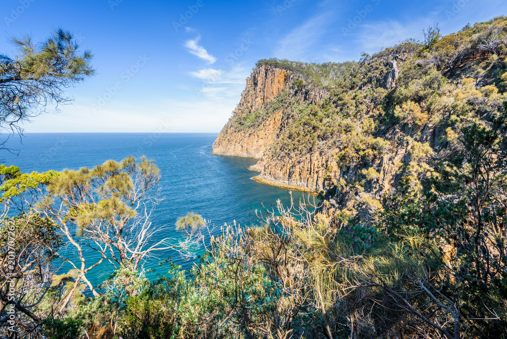 Amazing view to great paradise island cliff bays with turquoise blue water and green shore jungle forest on warm sunny clear day relaxing hiking track to Fluted Cape, Bruny Island, Tasmania, Australia