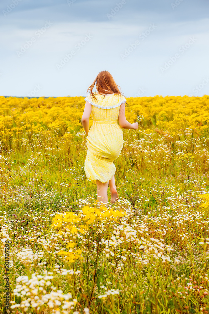 Fototapeta premium girl in field with yellow flowers.