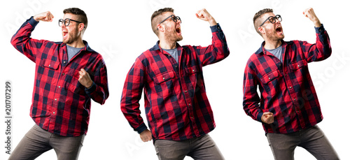 Young man happy and excited celebrating victory expressing big success, power, energy and positive emotions. Celebrates new job joyful isolated over white background, collage composition