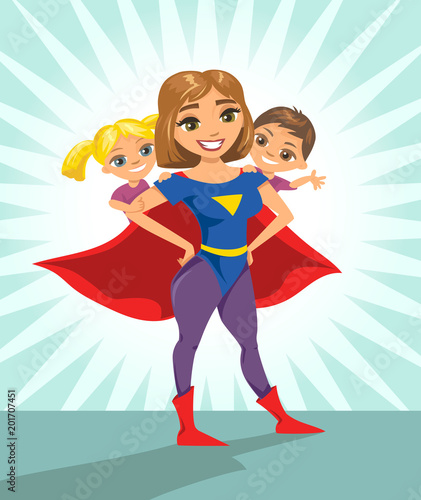 Super hero, super mom. Happy smiling super mother with her children. Vector illustration with isolated characters.