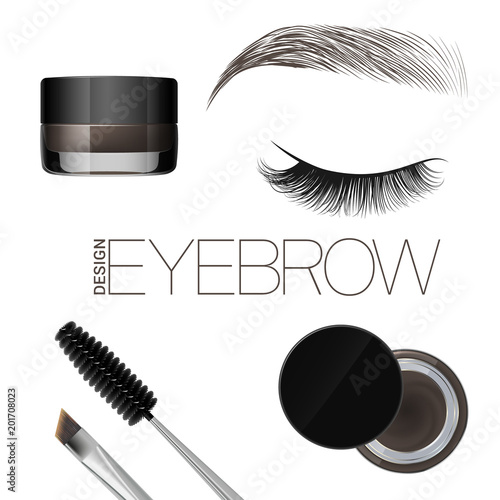 Coloring gel for eyebrows. Eyebrows makeup. Brush and comb for eyebrow. Beautiful closed eye and brow. Isolated on a white background. Vector