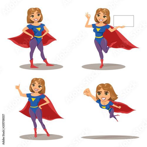 Woman super hero set, character in different postures (standing, presenting copy space and showing OK sign, with thumb up and flying). Vector illustration isolated on white.