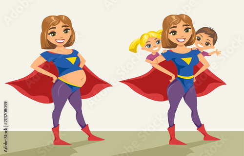 Super hero, super mom pregnant. Happy smiling super mother with her children. Vector illustration with isolated characters.