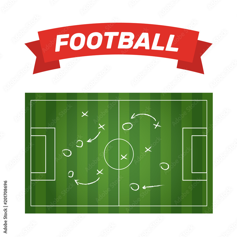 Football or soccer game strategy plan isolated on blackboard with chalk rubbed background. Football or soccer strategy board