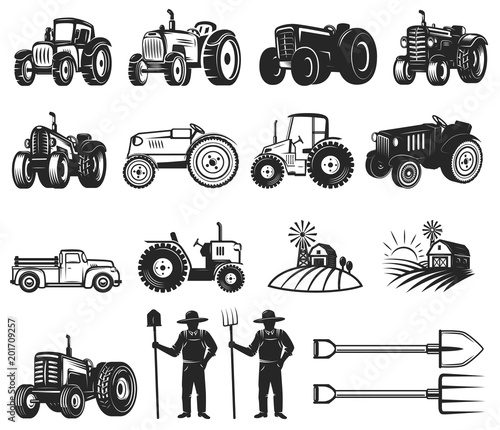Set of farmers market design elements. Tractor icons. Design elements for logo, label, emblem, sign, badge.