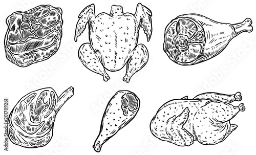 Set of hand drawn meat illustrations. Chicken meat, steak. Design element for poster, card, banner, menu.