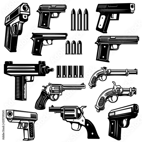 Set of handgun, revolver illustrations. Design elements for logo, label, emblem, sign, badge.