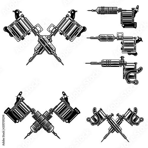 Set of tattoo machine illustrations. Design elements for tattoo studio decoration, logo, label, emblem, sign.
