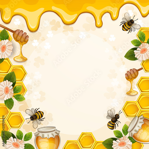 Beautiful background with bees,honey,jar, flowers and honeycomb