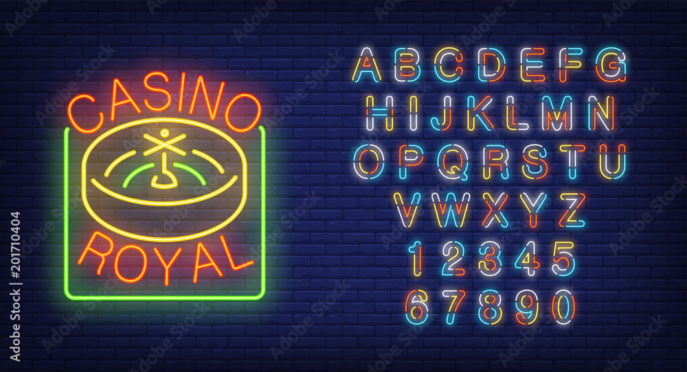 Casino royal and alphabet neon sign set. Roulette in square frame and