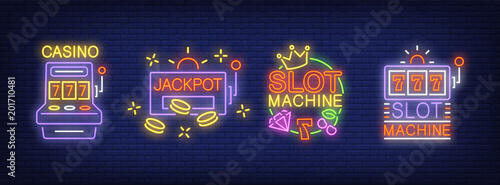 Casino slot machine neon signs collection. Neon sign, night bright advertisement, colorful signboard, light banner. Vector illustration in neon style.