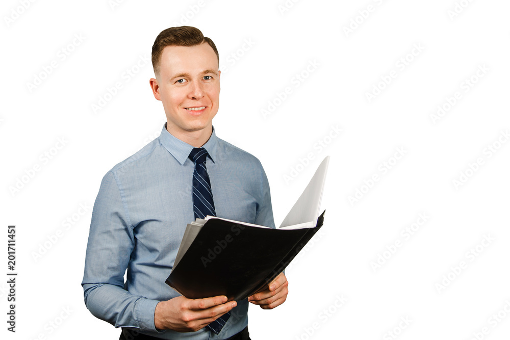 Young businessman dressed in blue shirt and tie holding folder with documents, isolated on white background Young businessman dressed in blue shirt and tie holding folder with documents, isolated on white background