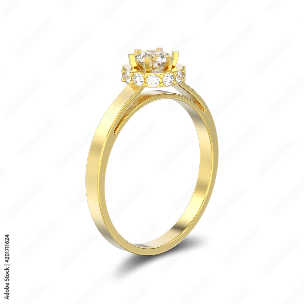 3D illustration isolated yellow gold halo bezel pave diamond ring with shadow 3D illustration isolated yellow gold halo bezel pave diamond ring with shadow