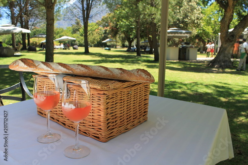 Outdoor Picnic for 2, Boschendal - sunshine, basket, wine, bread, Western Cape, South Africa photo