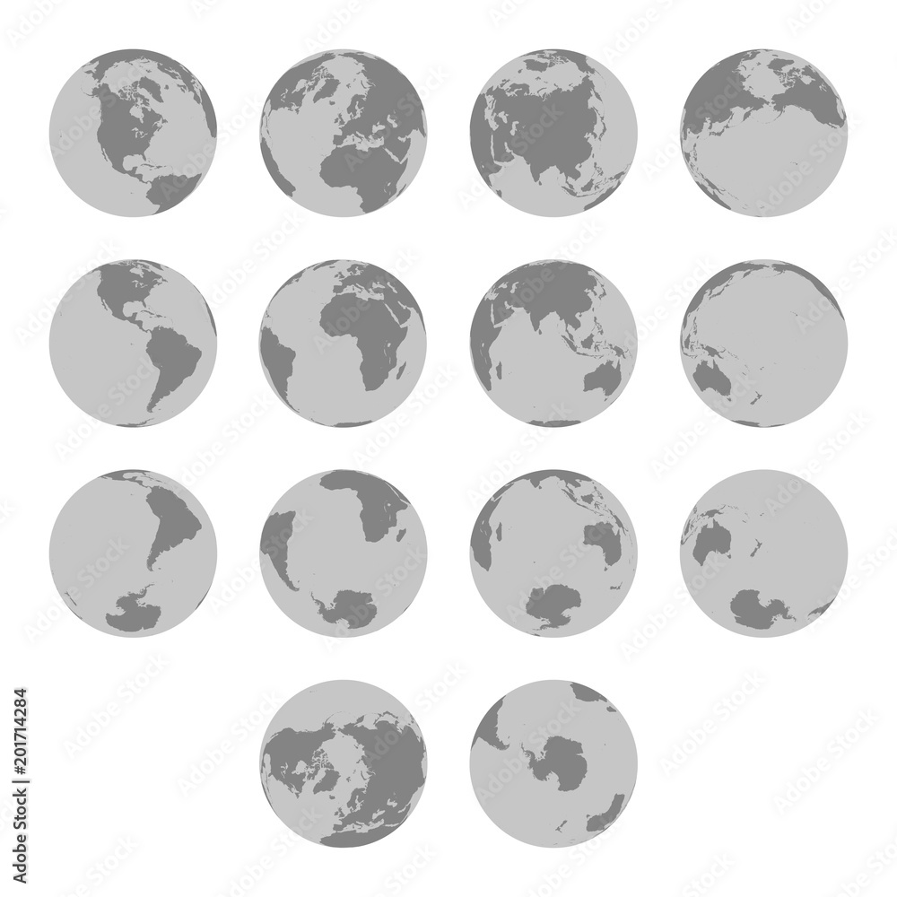 Naklejka Detailed silhouette maps of planet Earth. Hemispheres maps. World map. North pole / South pole. Europe, Asia, Australia, America, Africa, Antarctica maps. Earth from different perspectives.