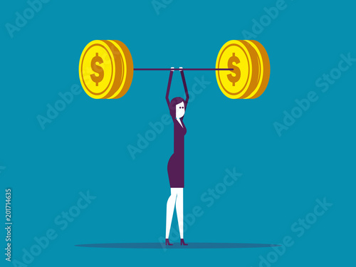Businesswomen are readily raised the bar with coin weight. Vector illustration currency business concept.