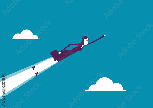 Businesswoman flying through sky. Business concept vector illustration.