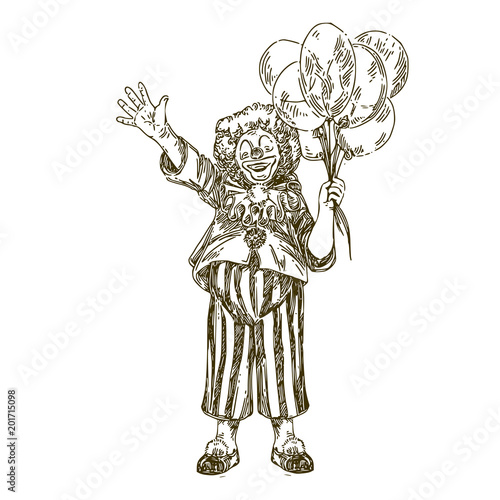 Circus clown with ballons. Engraving style. Vector illustration.