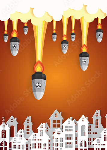 Destroyed City Village with fire.Nuclear war - atom bombs falling,paper art style