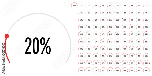 Set of circular sector percentage diagrams from 0 to 100 ready-to-use for web design, user interface (UI) or infographic - indicator with red
