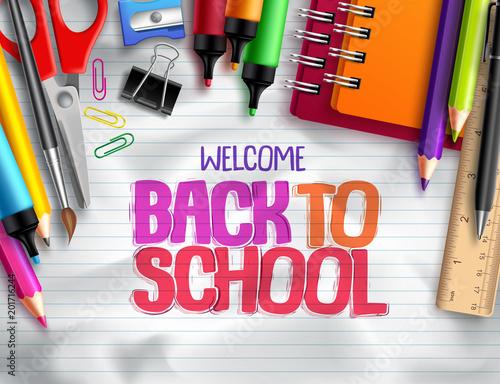 Back to school vector background design with school elements, colorful education supplies and white space for text in paper texture background. Vector illustration.
