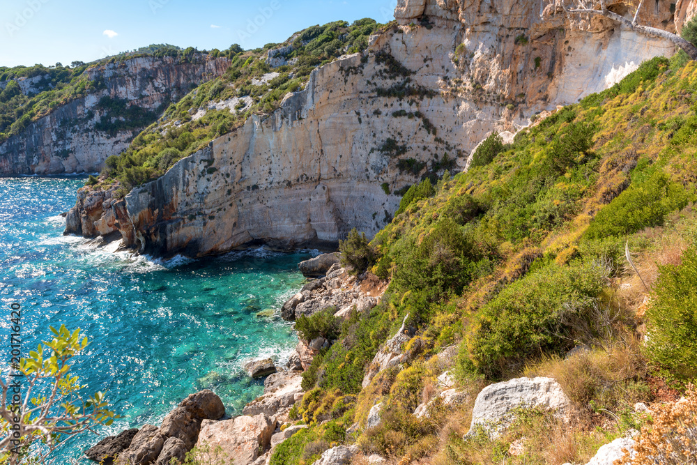 View of beautiful rocks and blue sea near Skinari cape on Zakynthos island. Greece.