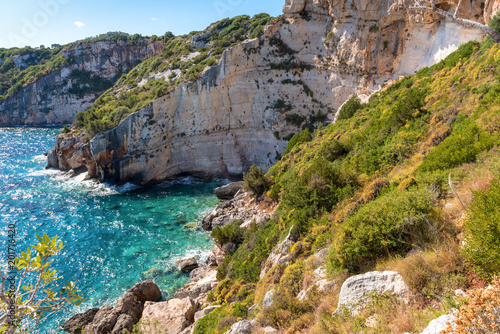 View of beautiful rocks and blue sea near Skinari cape on Zakynthos island. Greece.