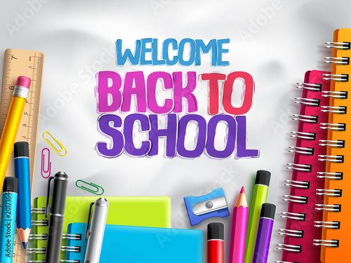 Welcome back to school vector background template with education elements, colorful school supplies and white space for text or message in white textured background. Vector illustration.
