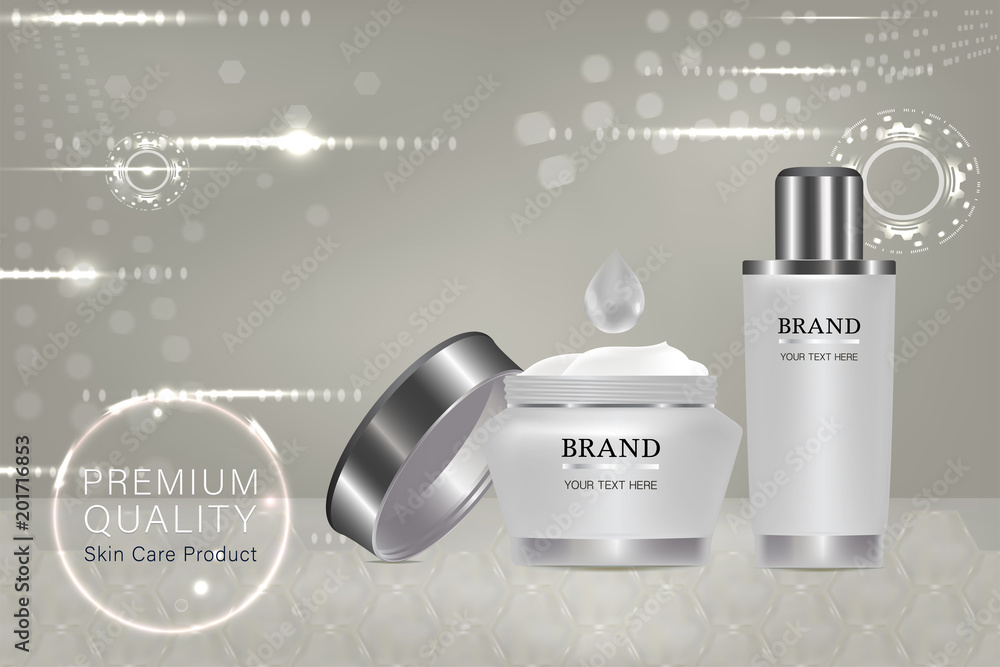 White cosmetic containers with advertising background ready to use, luxury skin care ad, vector 3d illustration.