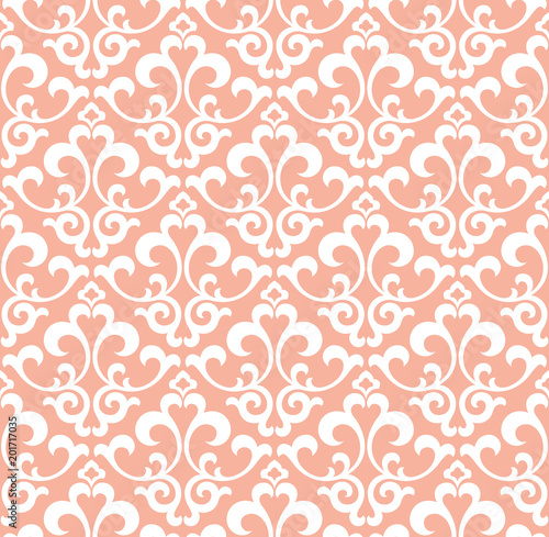 Wallpaper in the style of Baroque. A seamless vector background. White and pink floral ornament. Graphic vector pattern